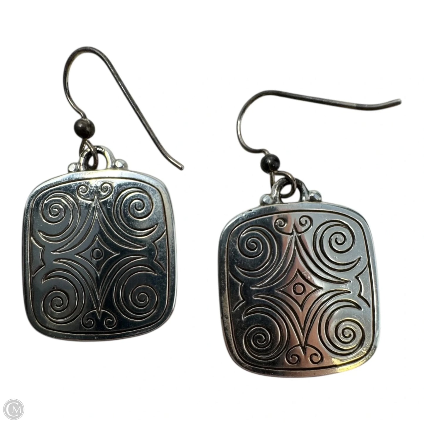 Silver & Gold Tone Square Carved Dangle Earrings