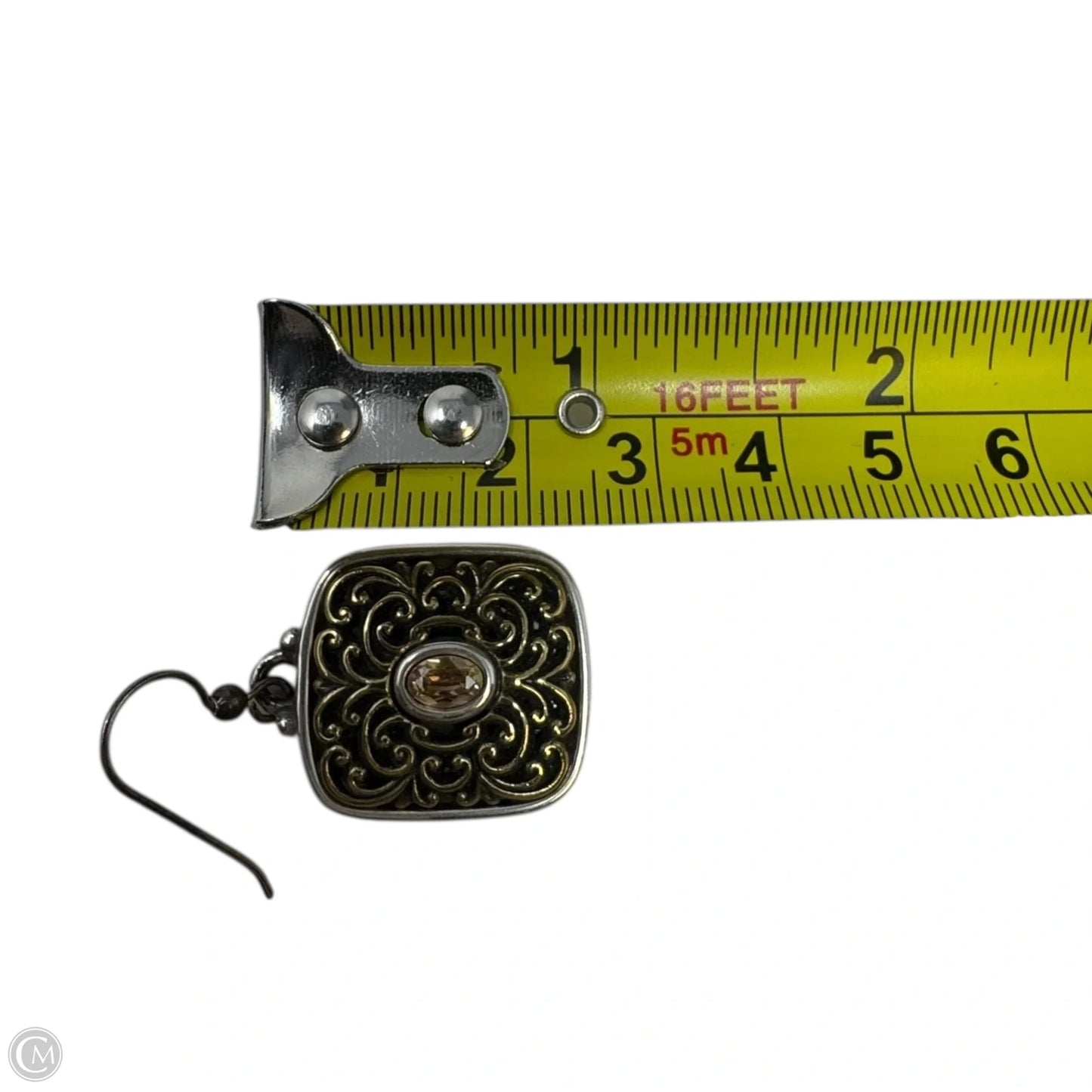 Silver & Gold Tone Square Carved Dangle Earrings