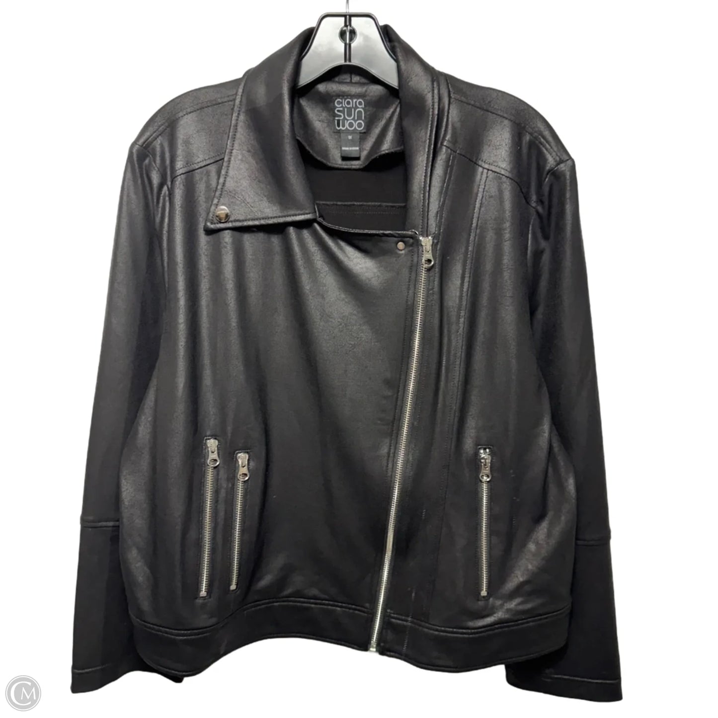 Liquid Leather Sheen Moto Zip Jacket By Clara Sun Woo In Black, Size: 1X