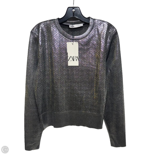 Metallic Open Knit Top Long Sleeve By Zara In Silver, Size: L