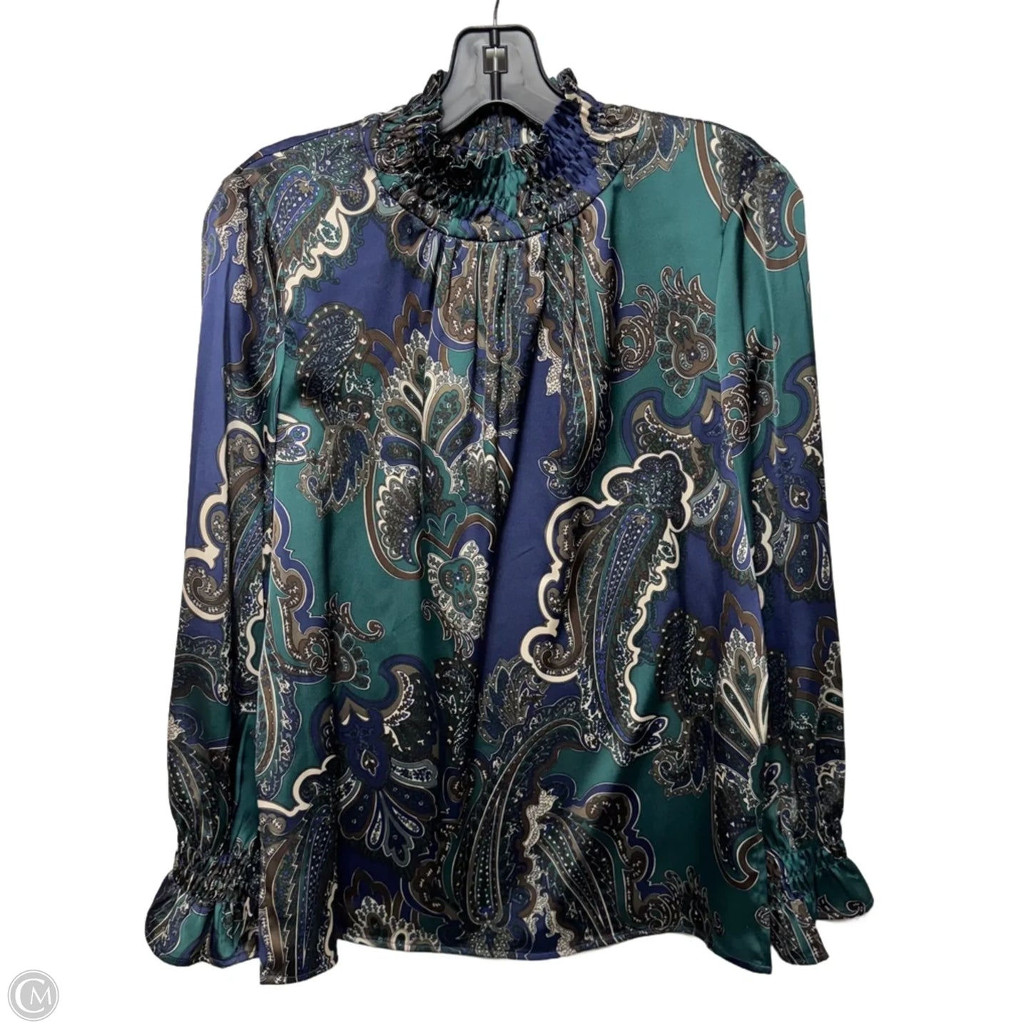 Smocked Trim Crêpe De Chine Charmeuse Blouse By Ming Wang In Forest Veridian/Regatta Paisley Print, Size: S