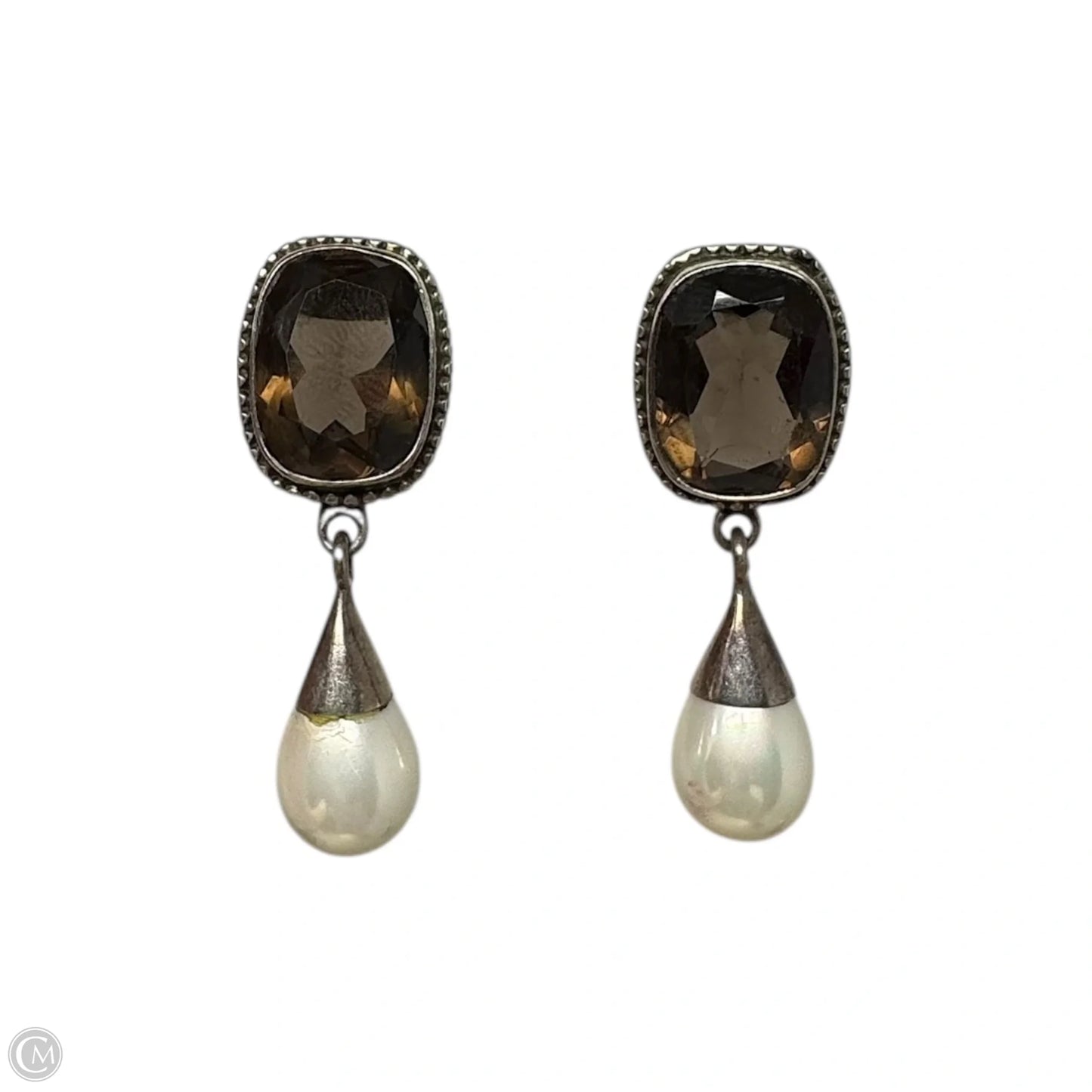Smokey Quartz & Faux Pearl Drop Sterling Silver Earrings