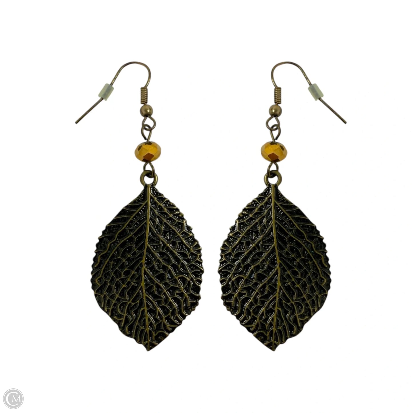 Antique Bronze Tone & Bead Reproduction Mesopotamia Leaf Dangle Earrings