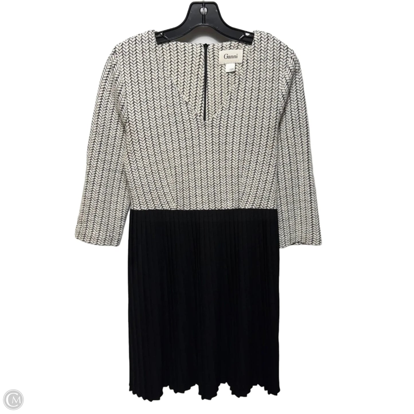 Chevron Jacquard Cross Knit Pleated Midi Dress By Ganni X Anthropologie In Black & White, Size: S