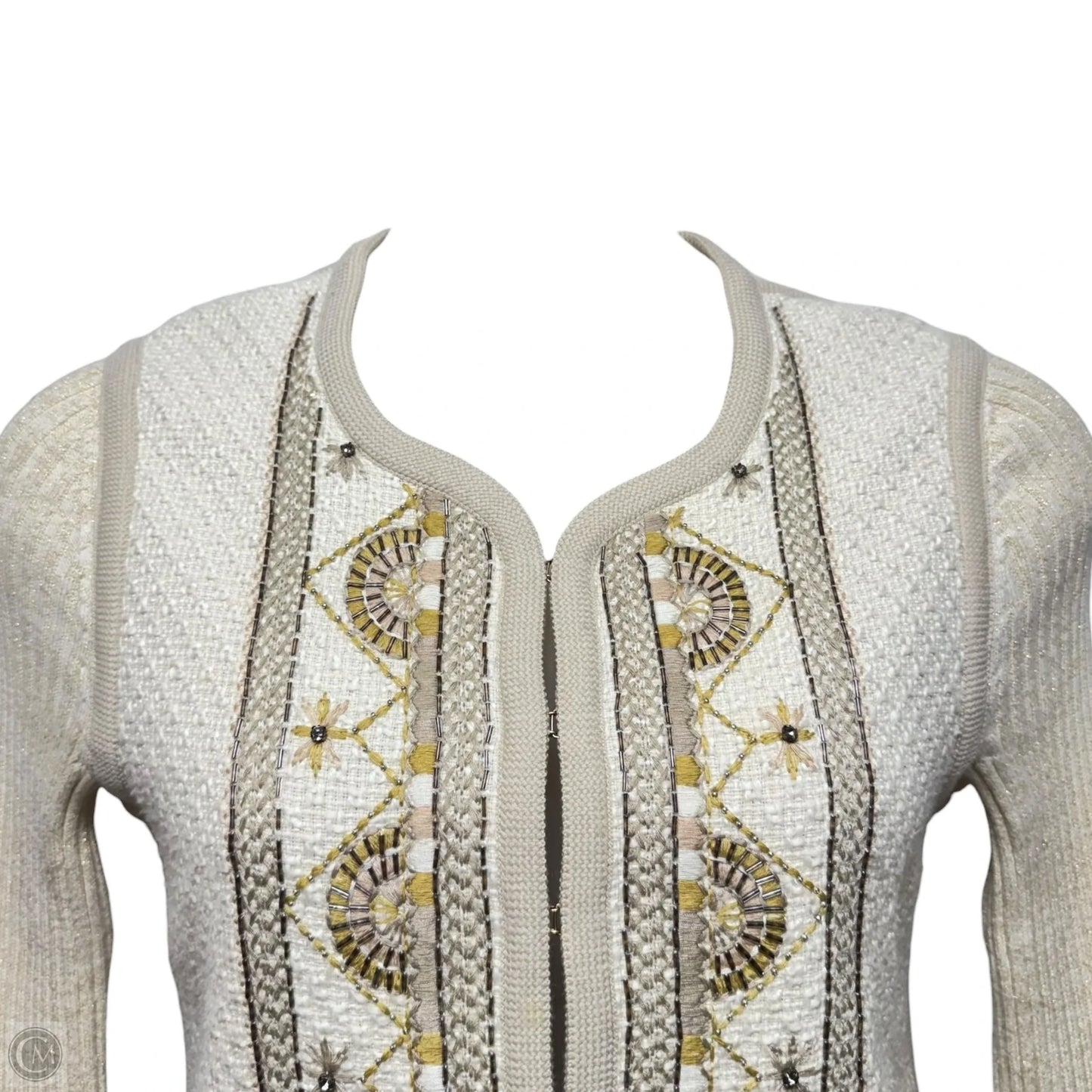 Beaded Embroidered Cardigan Sweater Designer By Tory Burch In Cream, Size: L