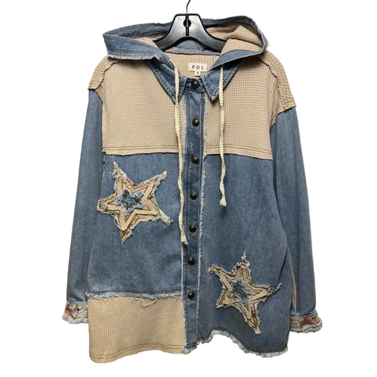 Patchwork Hooded Jacket Shirt By Pol In Blue & Tan, Size: S
