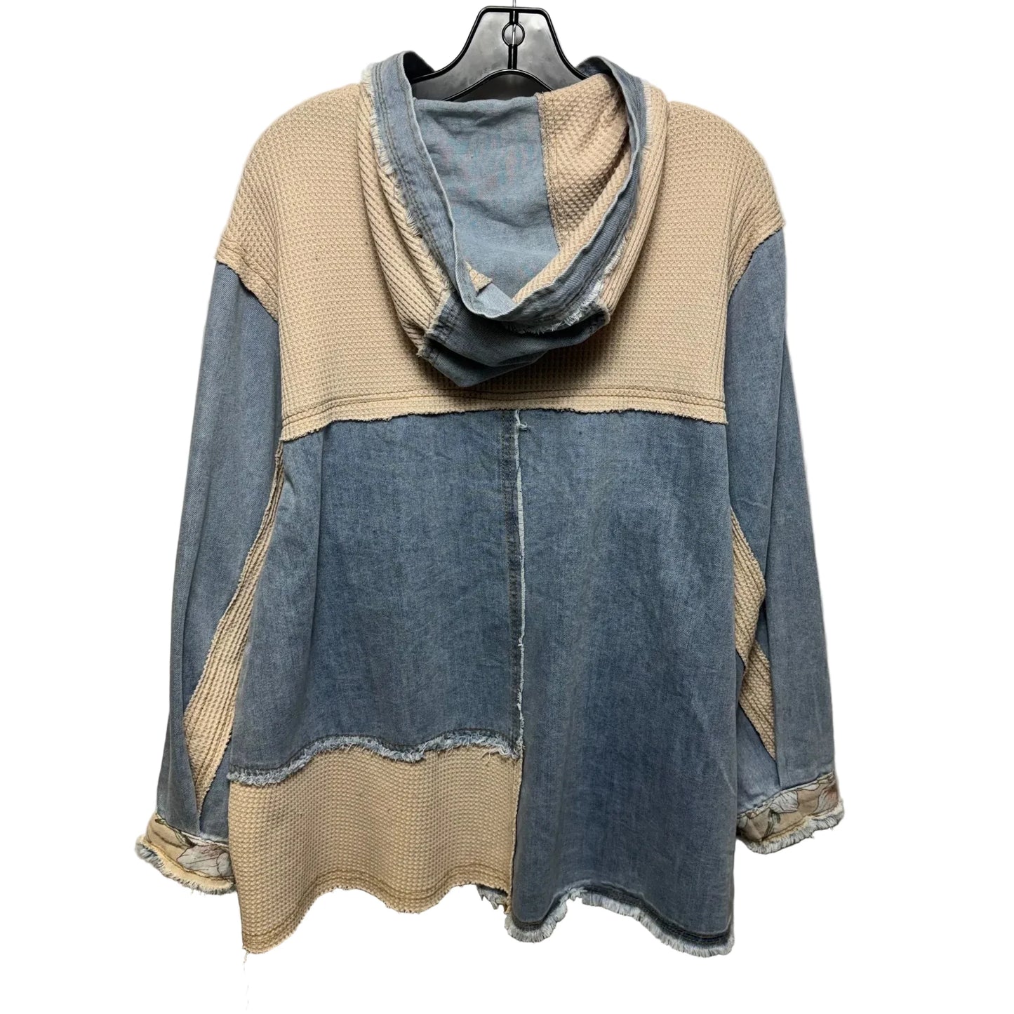 Patchwork Hooded Jacket Shirt By Pol In Blue & Tan, Size: S