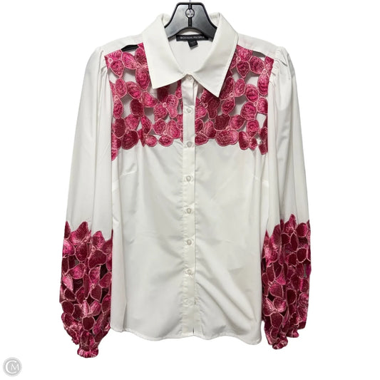 Embroidered Cutout Top Long Sleeve By Boston Proper In Pink & White, Size: M