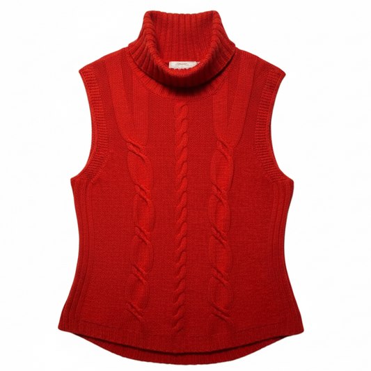 Cable Knit Turtleneck Sleeveless Sweater Designer By Escada In Orange, Size: M