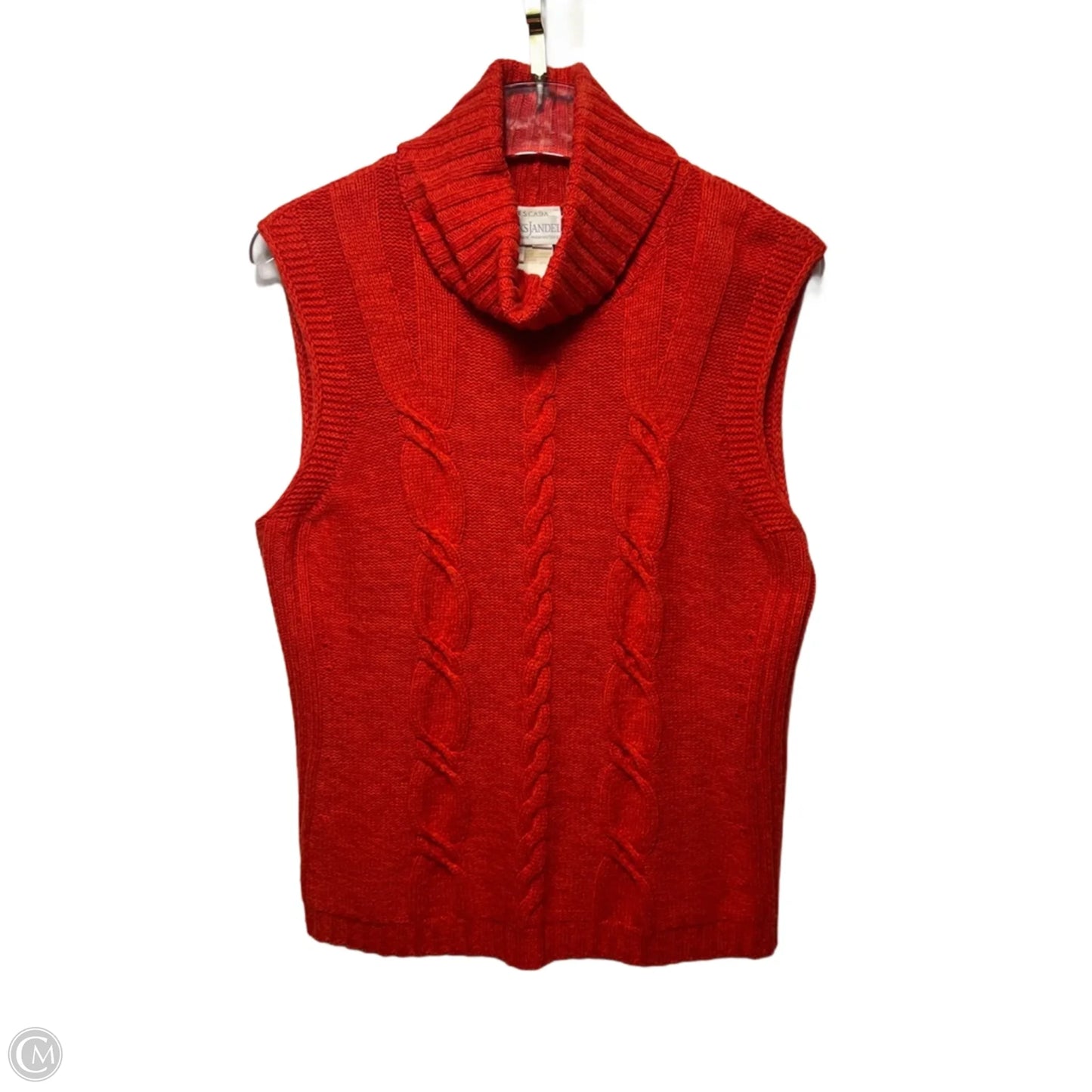 Cable Knit Turtleneck Sleeveless Sweater Designer By Escada In Orange, Size: M