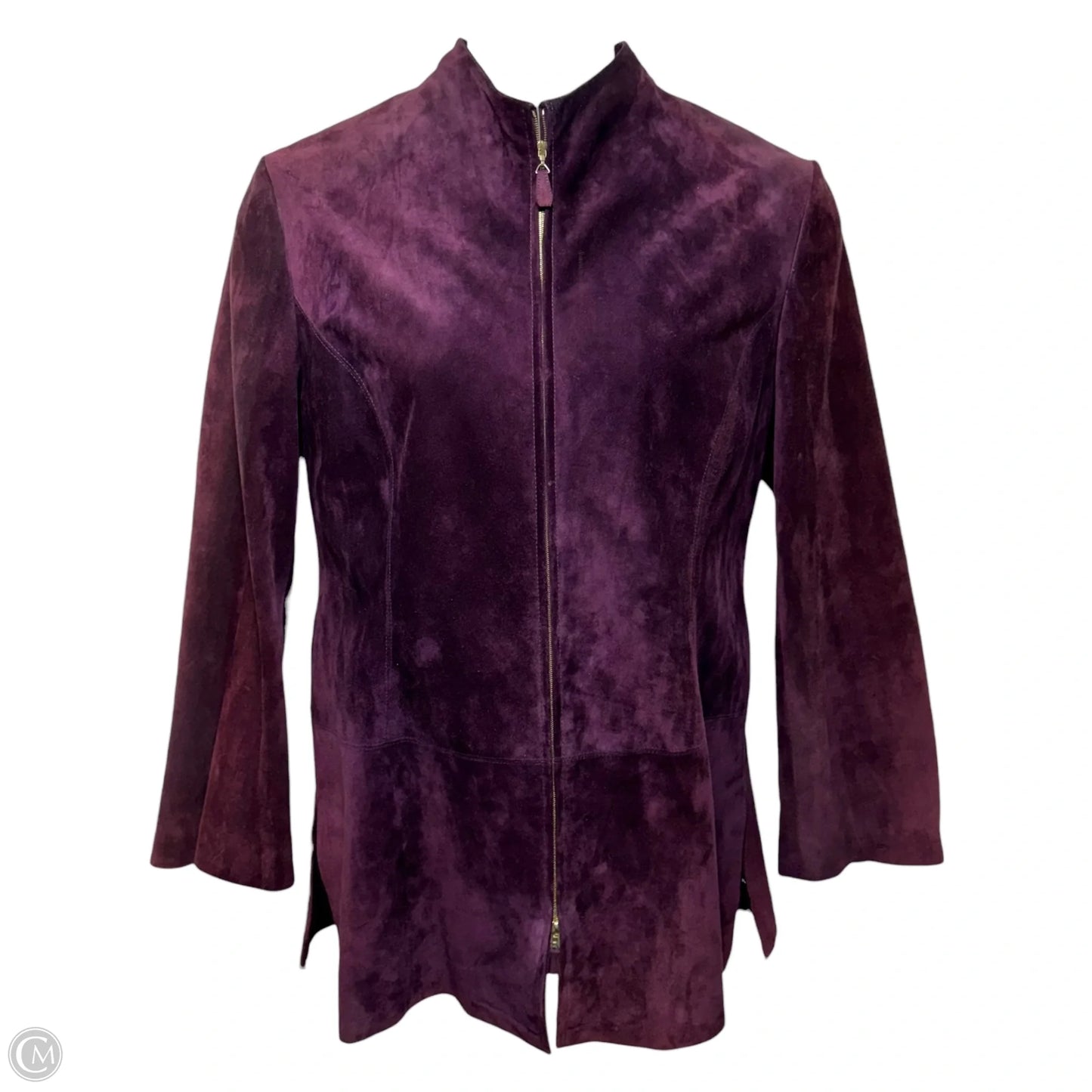 AS IS Calf Suede Zip Front Coat Designer By Escada In Purple, Size: L