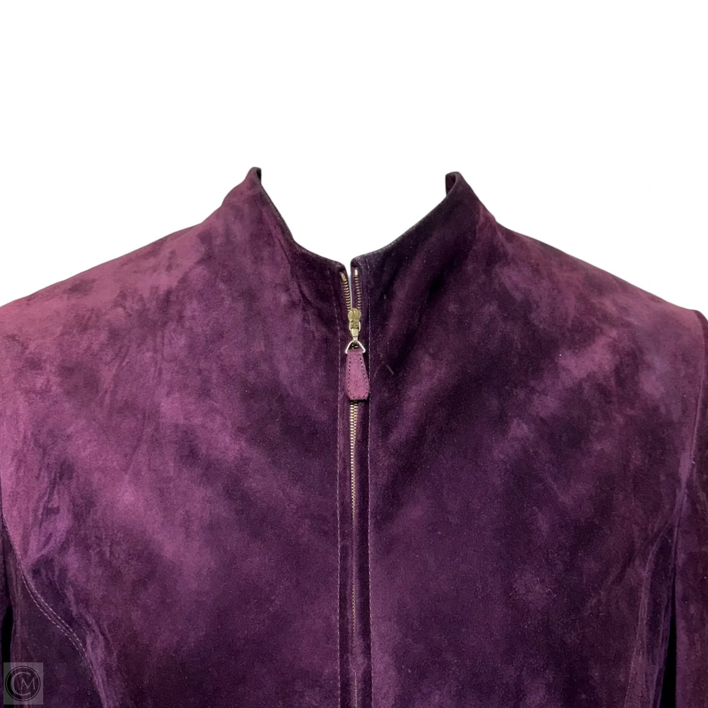 AS IS Calf Suede Zip Front Coat Designer By Escada In Purple, Size: L