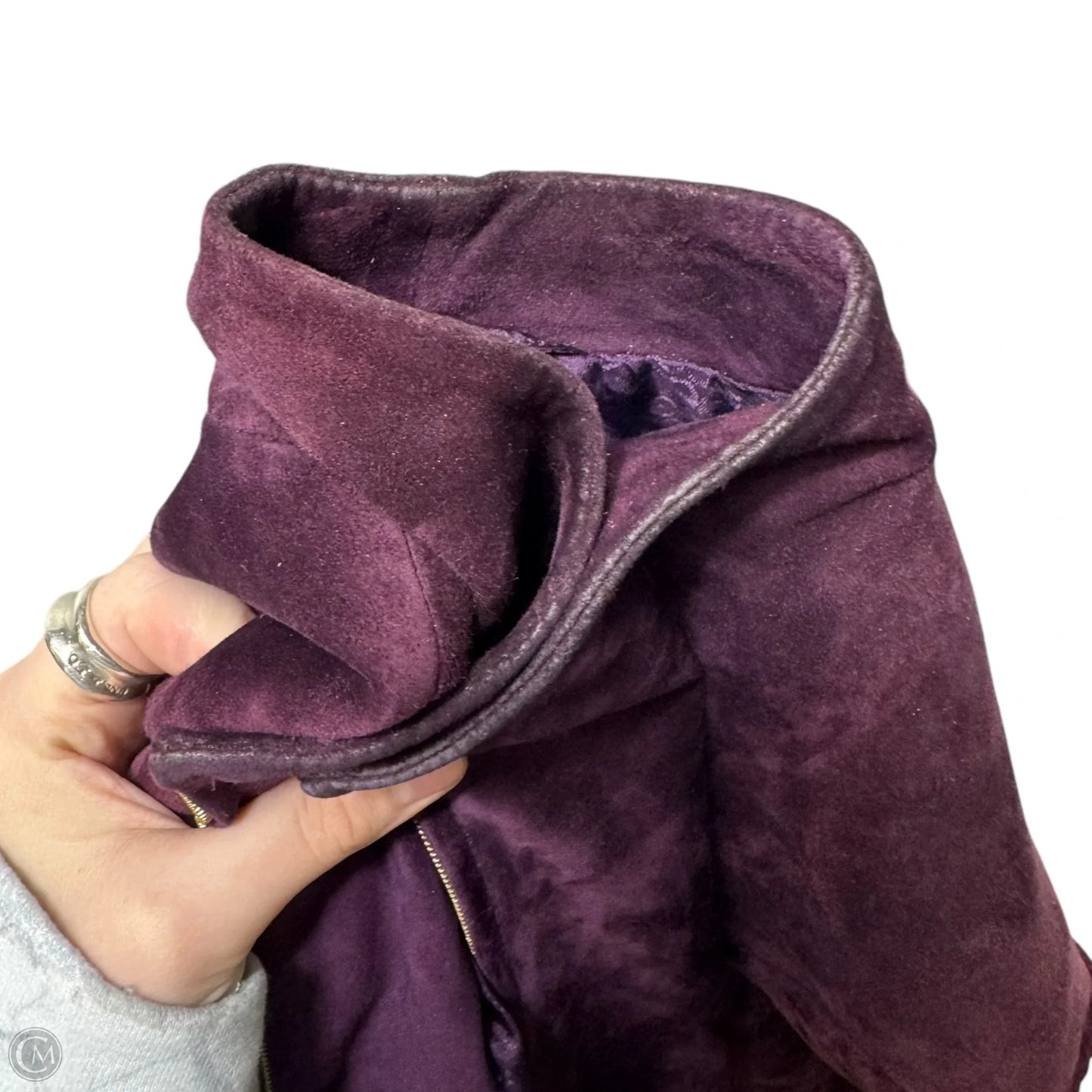 AS IS Calf Suede Zip Front Coat Designer By Escada In Purple, Size: L