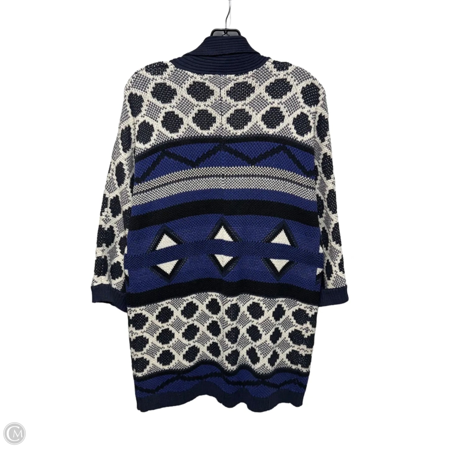 Intarsia Tribal Print Open Front Longline Cardigan Sweater By Lucky Brand In Blue & White, Size: XS