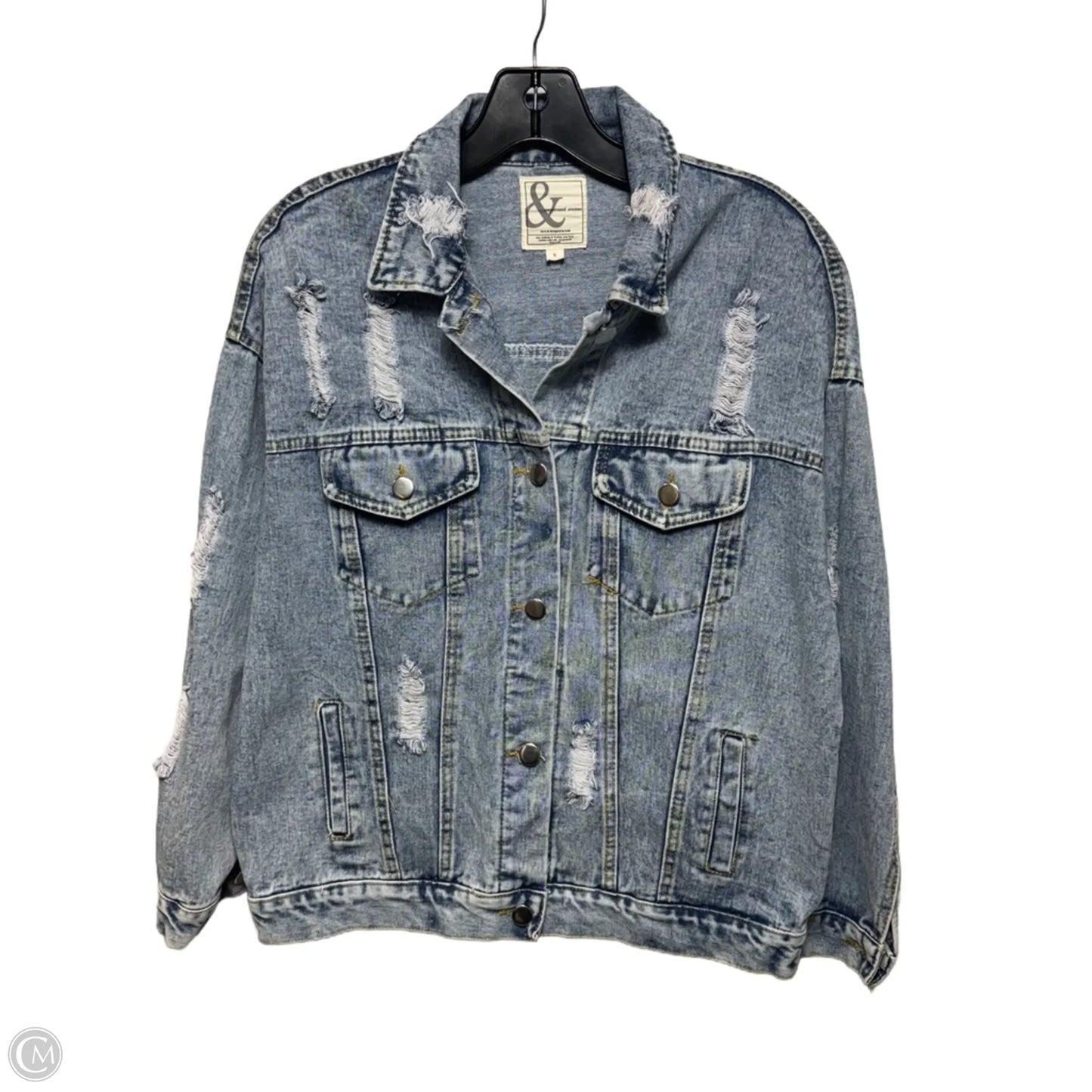 Embellished Sunflower Distressed Denim Trucker Jacket By Ampersand Avenue In Blue Denim, Size: S