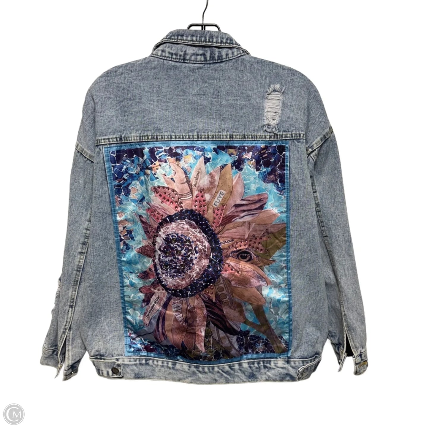 Embellished Sunflower Distressed Denim Trucker Jacket By Ampersand Avenue In Blue Denim, Size: S