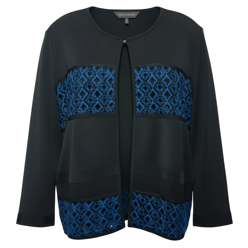 Lace Front Embroidered Crew Neck Knit Jacket By Ming Wang In Black & Blue, Size: XL