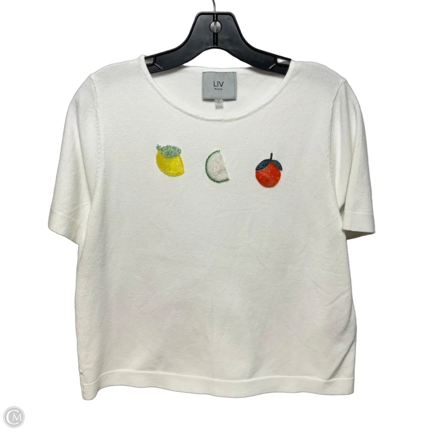 Embroidered Fruit Knit Top Short Sleeve By LIV Milano In White, Size: L