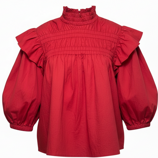 Smocked Flutter Sleeve Top By Aureum In Red, Size: M