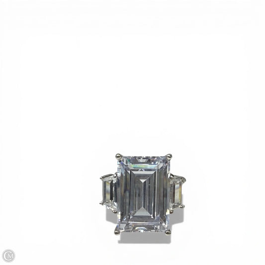 Sterling Silver Three-Stone Emerald Cut Crystal with Polished Shank Engagement Ring, Size: 8