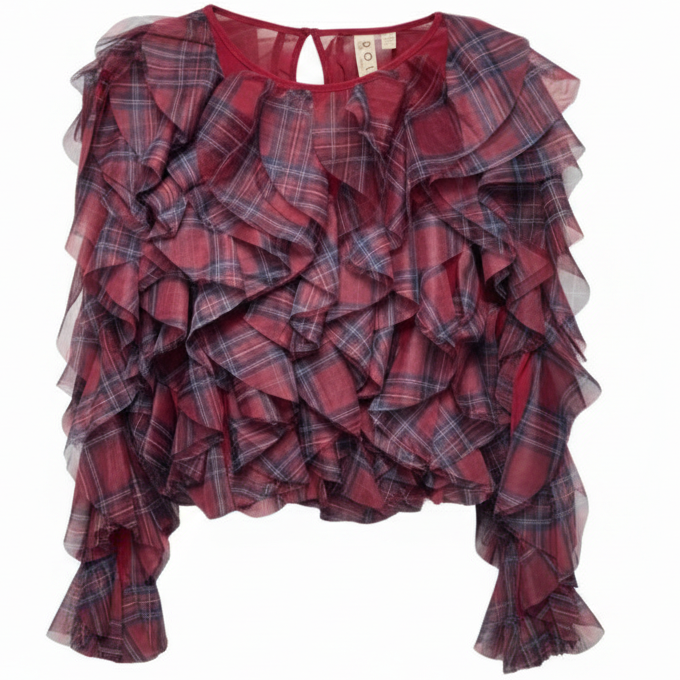 Ruffle Plaid Crew-Neck Blouse By Dolan Left Coast X Anthropologie In Red Plaid Pattern, Size: M