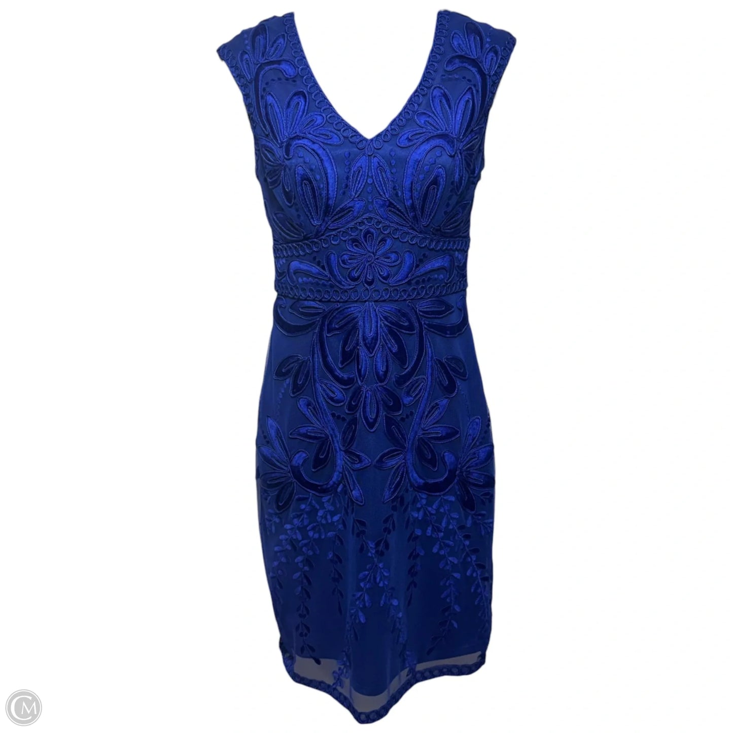Embroidered Lace V- Neck Sheath Dress By Sue Wong In Blue, Size: 2