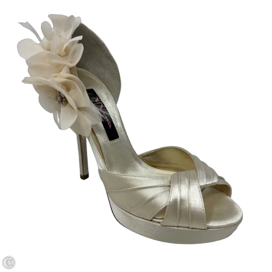 Maybell Floral Stiletto Open Toe Satin Bridal Pumps By Nina In Cream, Size: 6.5
