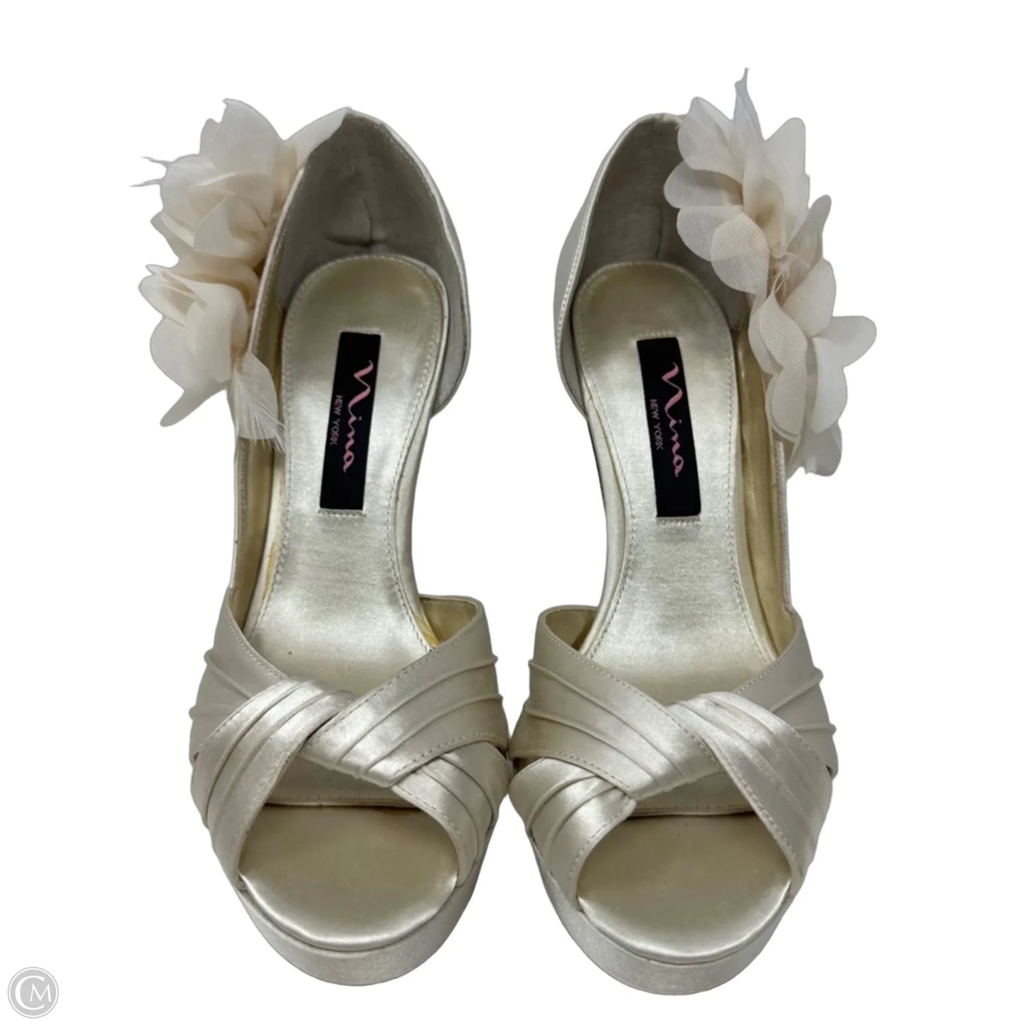 Maybell Floral Stiletto Peep Toe Satin Bridal Pumps By Nina In Cream, Size: 6.5