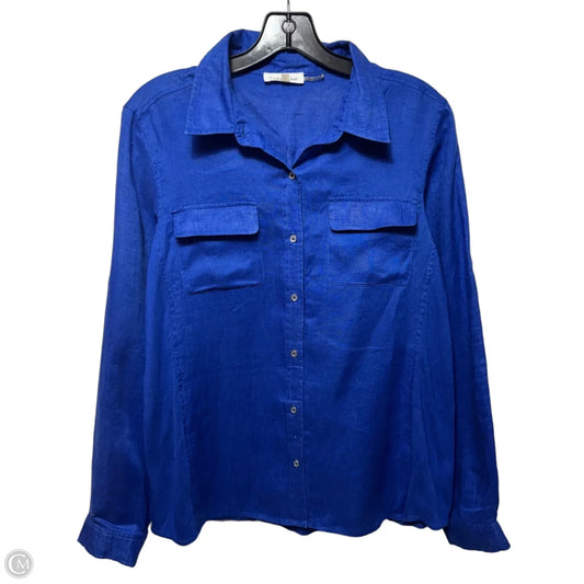 Linen Top Long Sleeve By Calvin Klein In Blue, Size: M