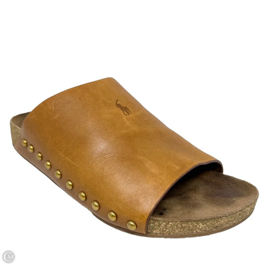 Calfskin Leather Rivet Slide Sandals By Polo Ralph Lauren In Tan, Size: 7.5