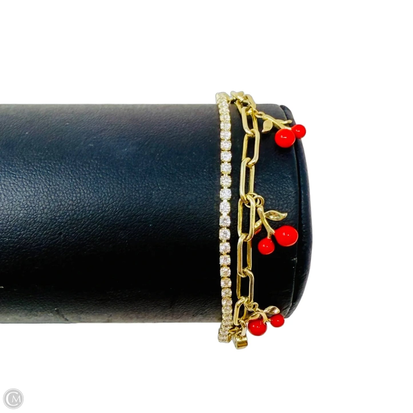 Gold Tone Cubic Zirconia & Cherry Charm Layered Slider Bracelet