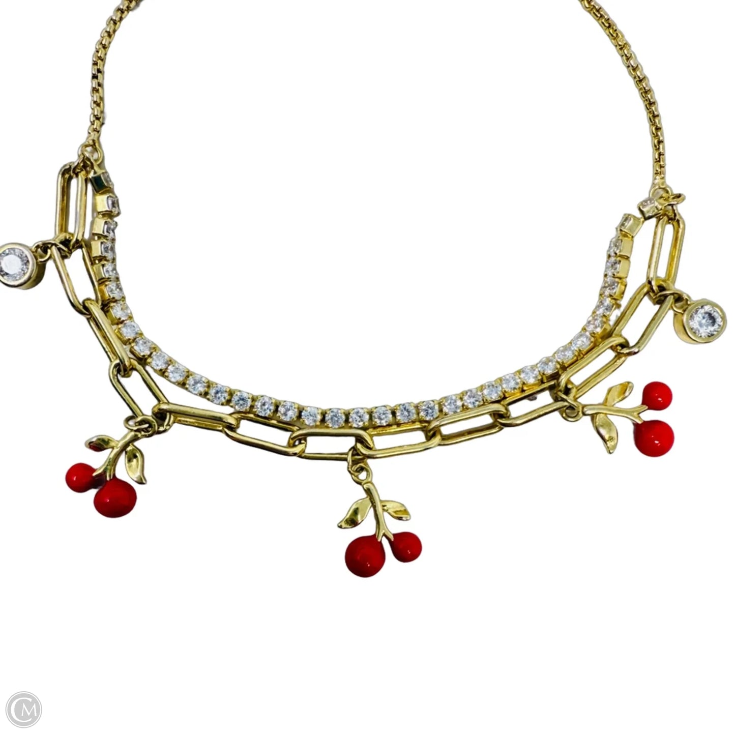 Gold Tone Cubic Zirconia & Cherry Charm Layered Slider Bracelet