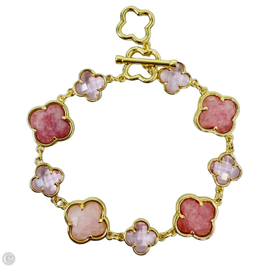Gold Tone Rose Quartz & Faceted Pink Glass Clover Bracelet With Toggle Clasp