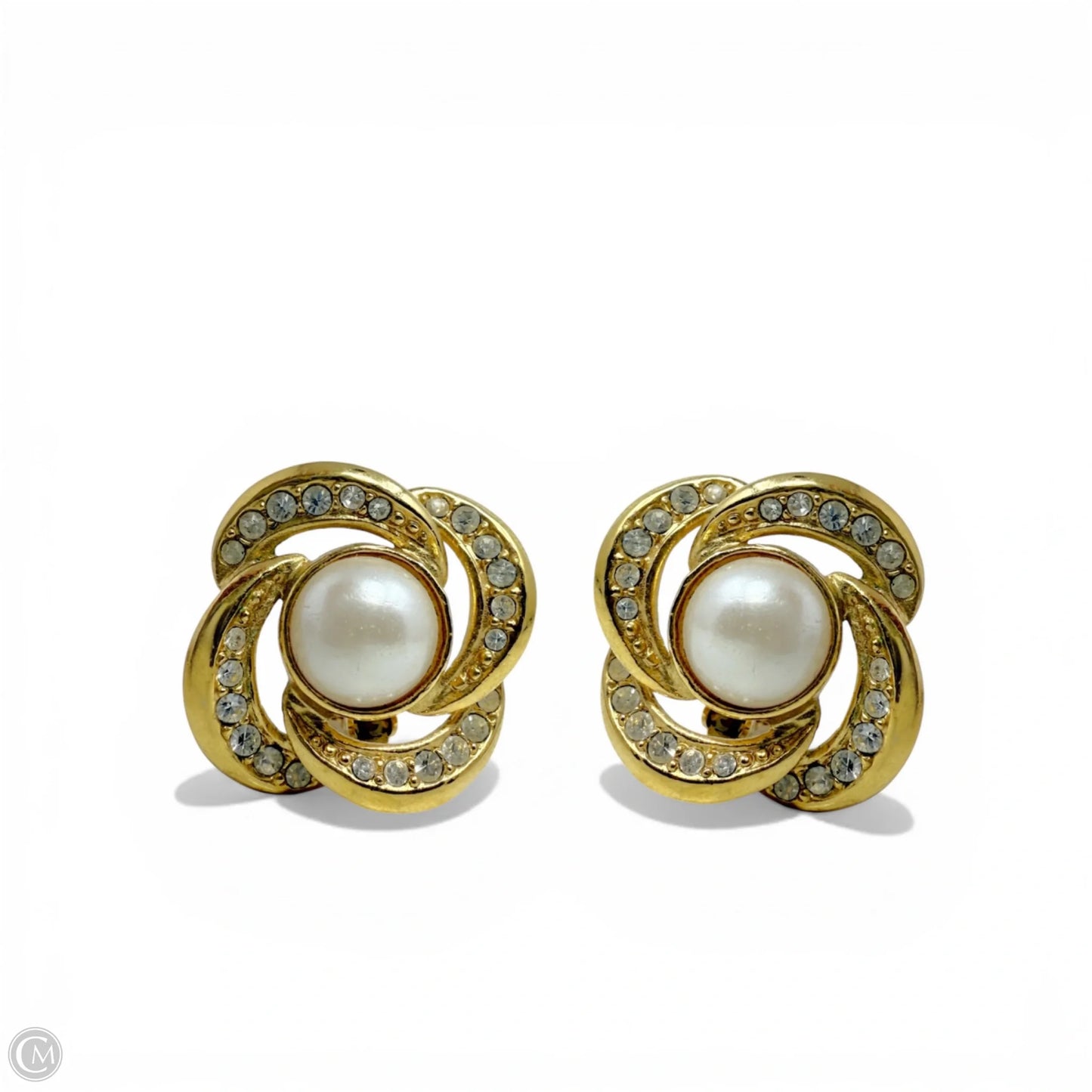 Vintage Gold Tone, Faux Pearl & Rhinestone Clip Earrings By Trifari