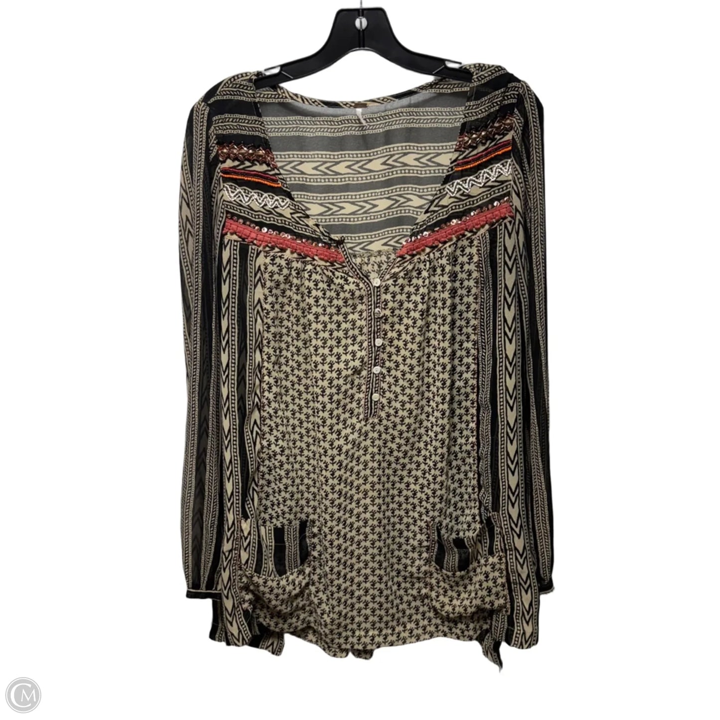 Feather in the Wind beaded tunic top Long Sleeve By Free People In Black & Cream, Size: S