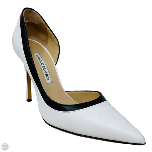 Colette 105 d'Orsay Stiletto Pumps Luxury Designer By Manolo Blahnik In Black & White, Size: 8.5 (38.5 IT)