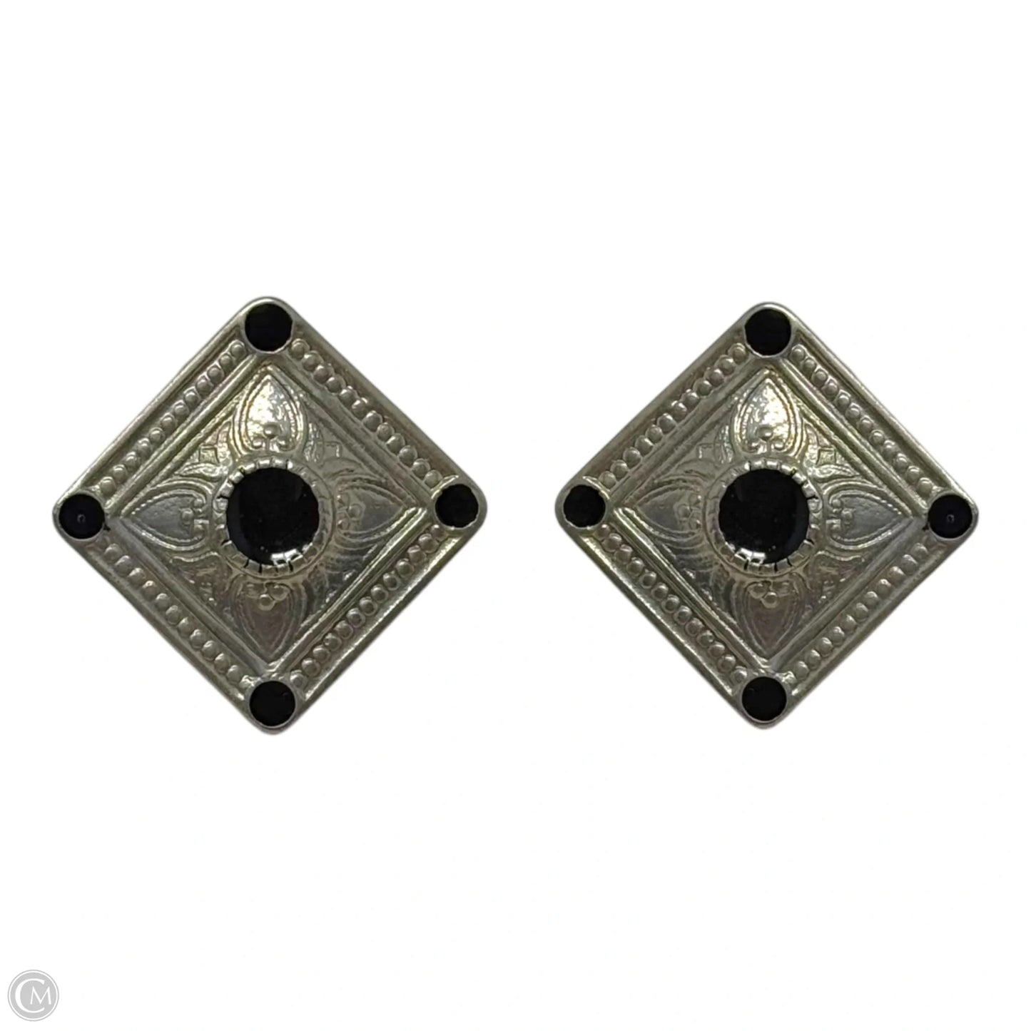 Black & Silver Tone Engraved Stud Earrings