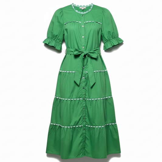 Scallop Trim Button Down Tie Waist Midi Dress By Entro In Green, Size: M