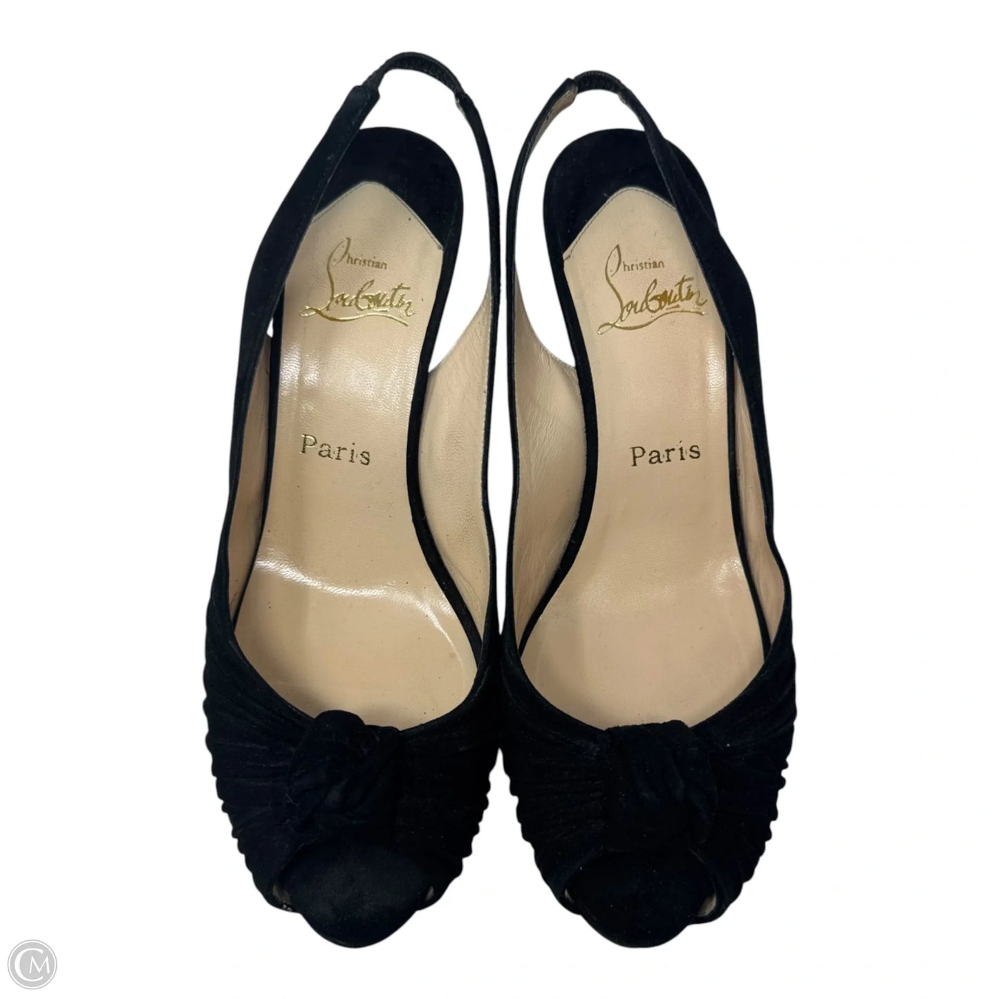 Suede Slingback Wedge Peep Toe Pumps Luxury Designer By Christian Louboutin In Black, Size: 10 (40.5)