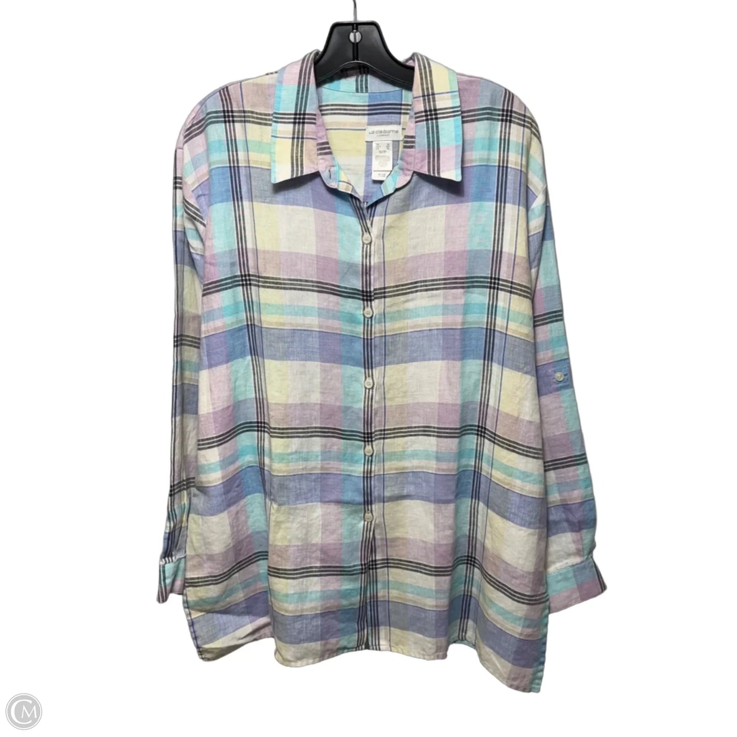 Linen Top Long Sleeve By Liz Claiborne Sport In Plaid Pattern, Size: Xl