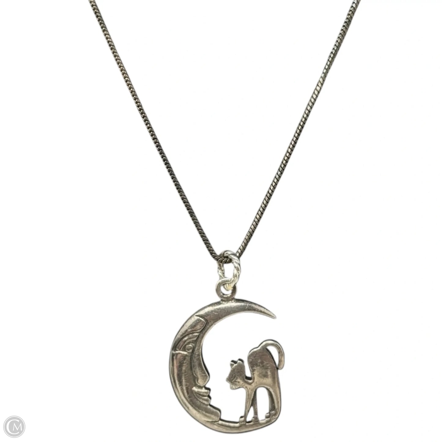 Sterling Silver Cat In Crescent Moon Pendant Necklace