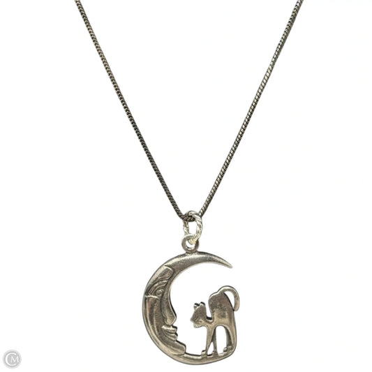 Sterling Silver Cat In Crescent Moon Pendant Necklace