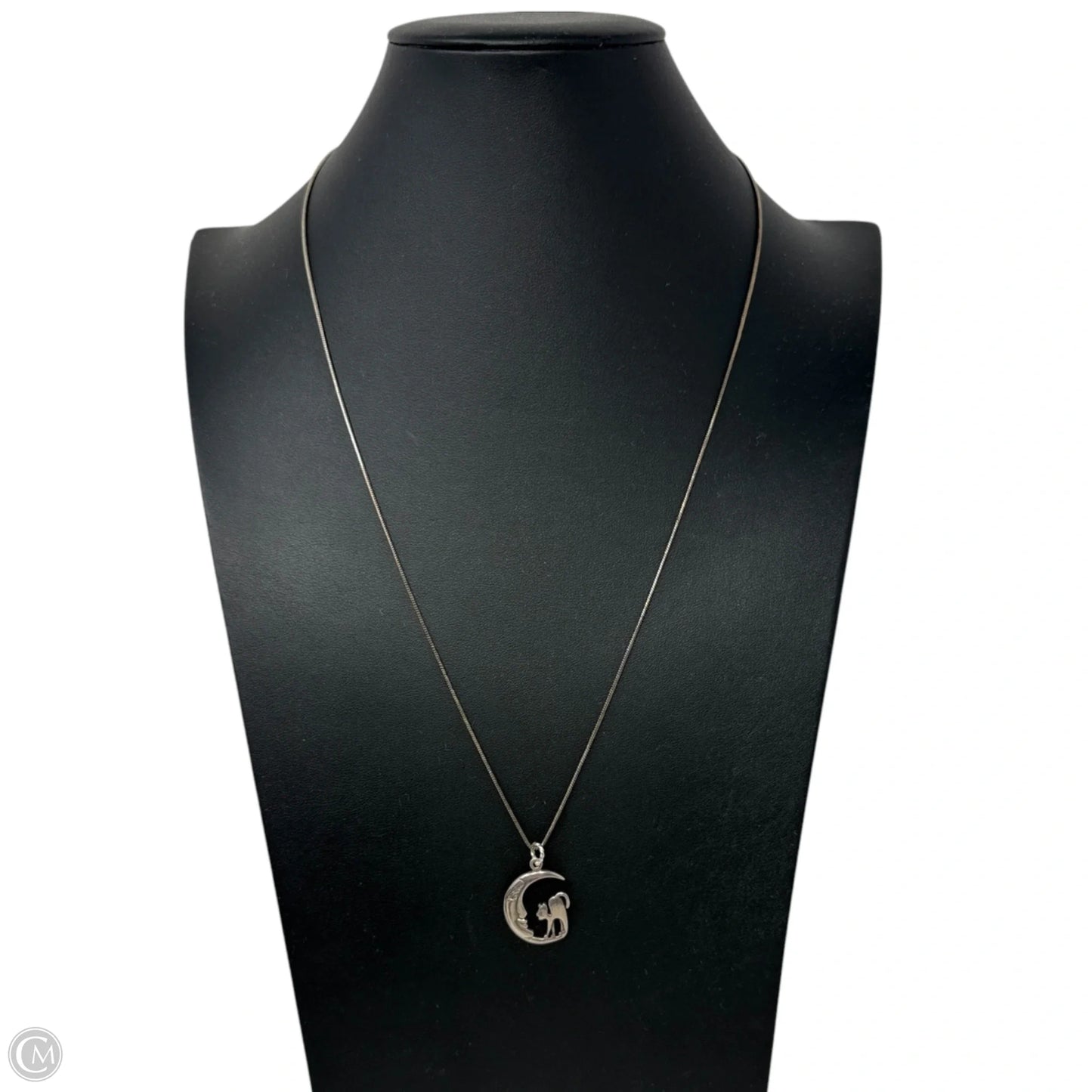 Sterling Silver Cat In Crescent Moon Pendant Necklace