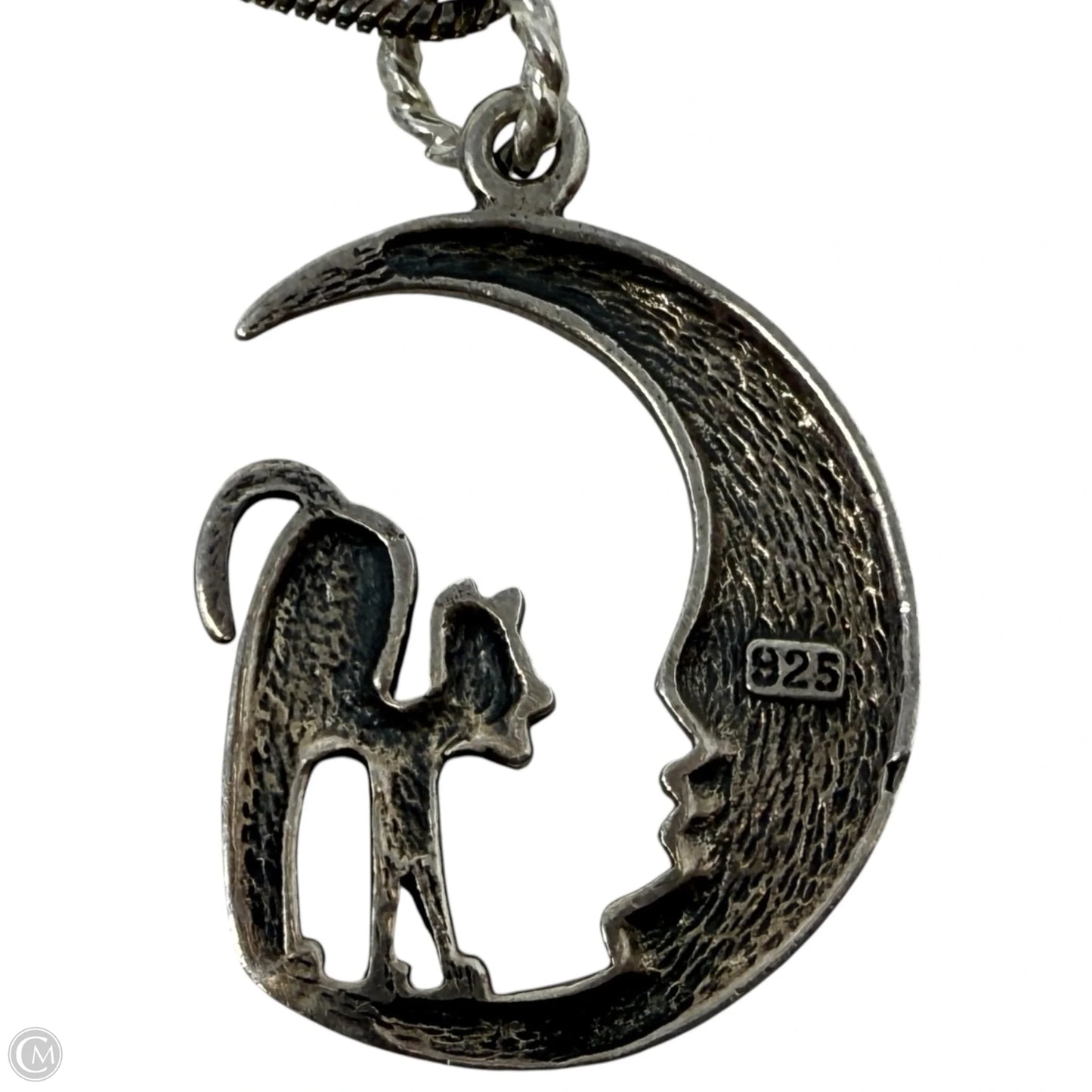 Sterling Silver Cat In Crescent Moon Pendant Necklace