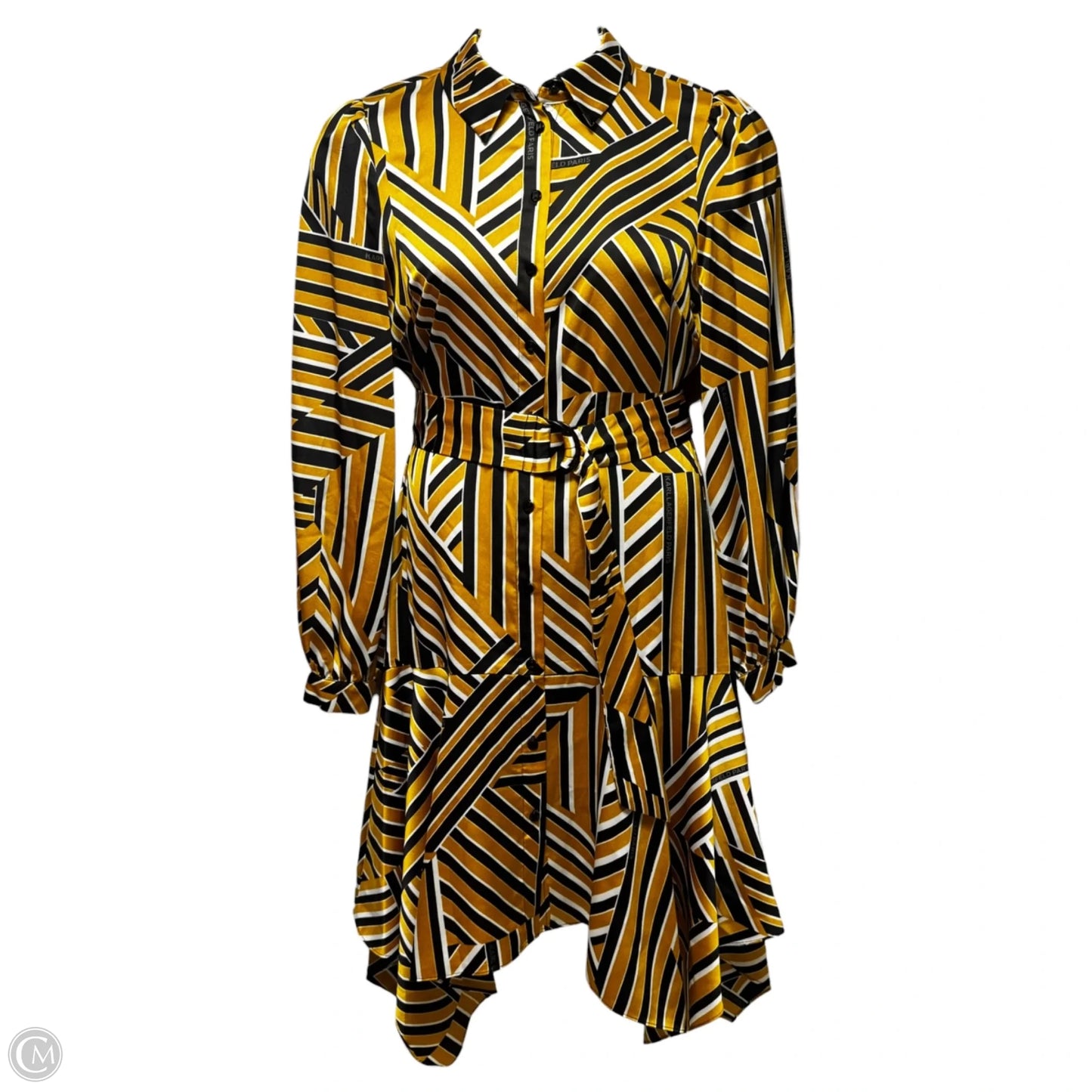 Belted Handkerchief Hem Satin Shirt Dress Designer By Karl Lagerfeld In Striped Pattern, Size: 8