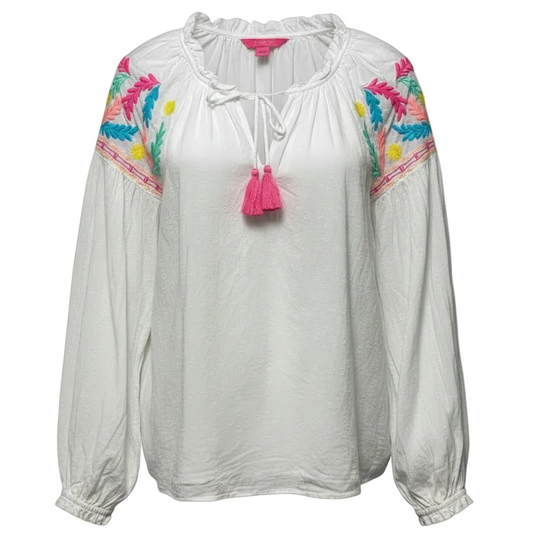 Florentina Embroidered Top Long Sleeve Designer By Lilly Pulitzer In White, Size: L