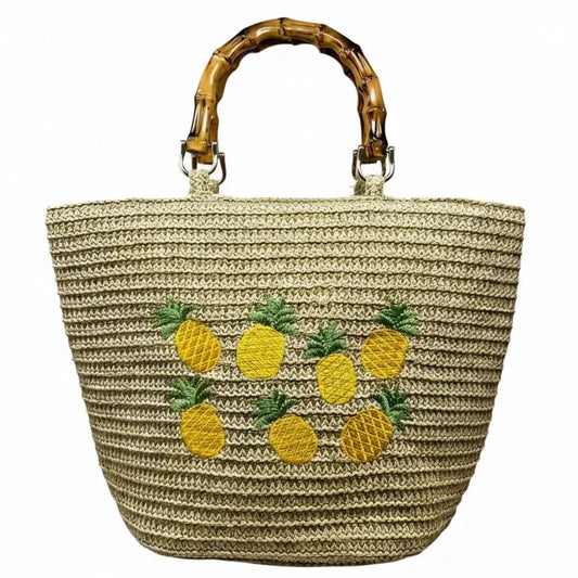 Bamboo Top Handle Pineapple Embroidered Woven Tote, Size: Medium