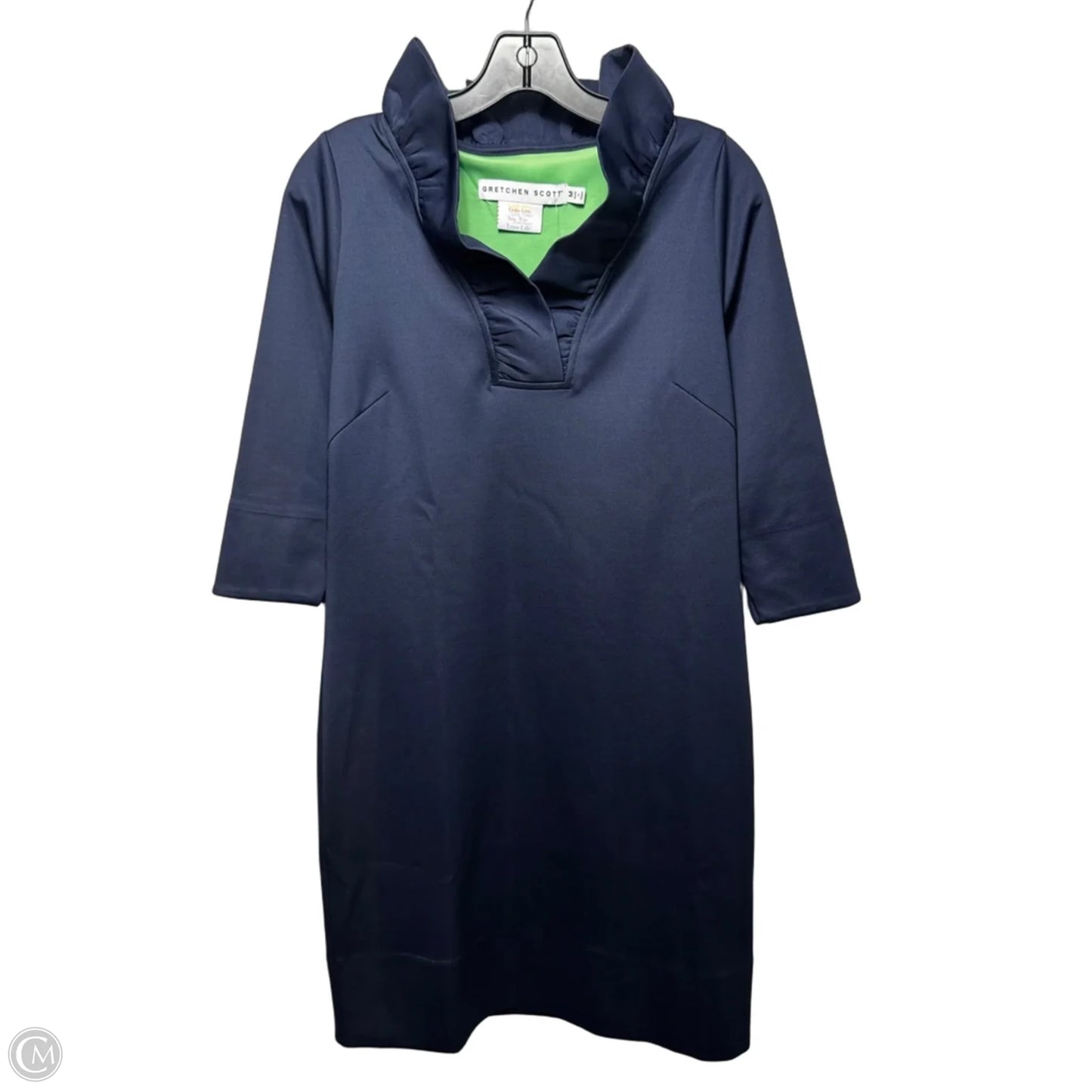 Ruffle Neck Dress Casual Midi By Gretchen Scott In Navy, Size: M