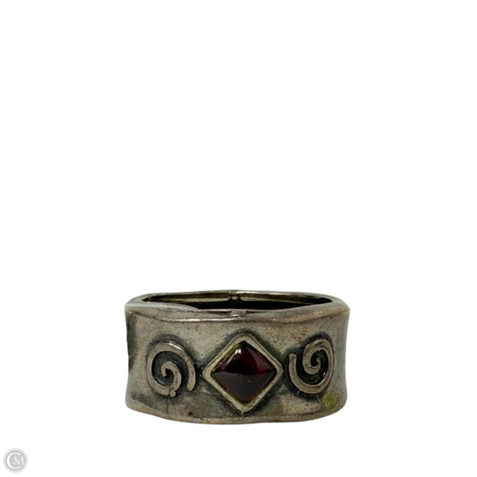 Handmade Oxidized Sterling Silver & Garnet Wide Cigar Band Ring By Didae, Size: 8