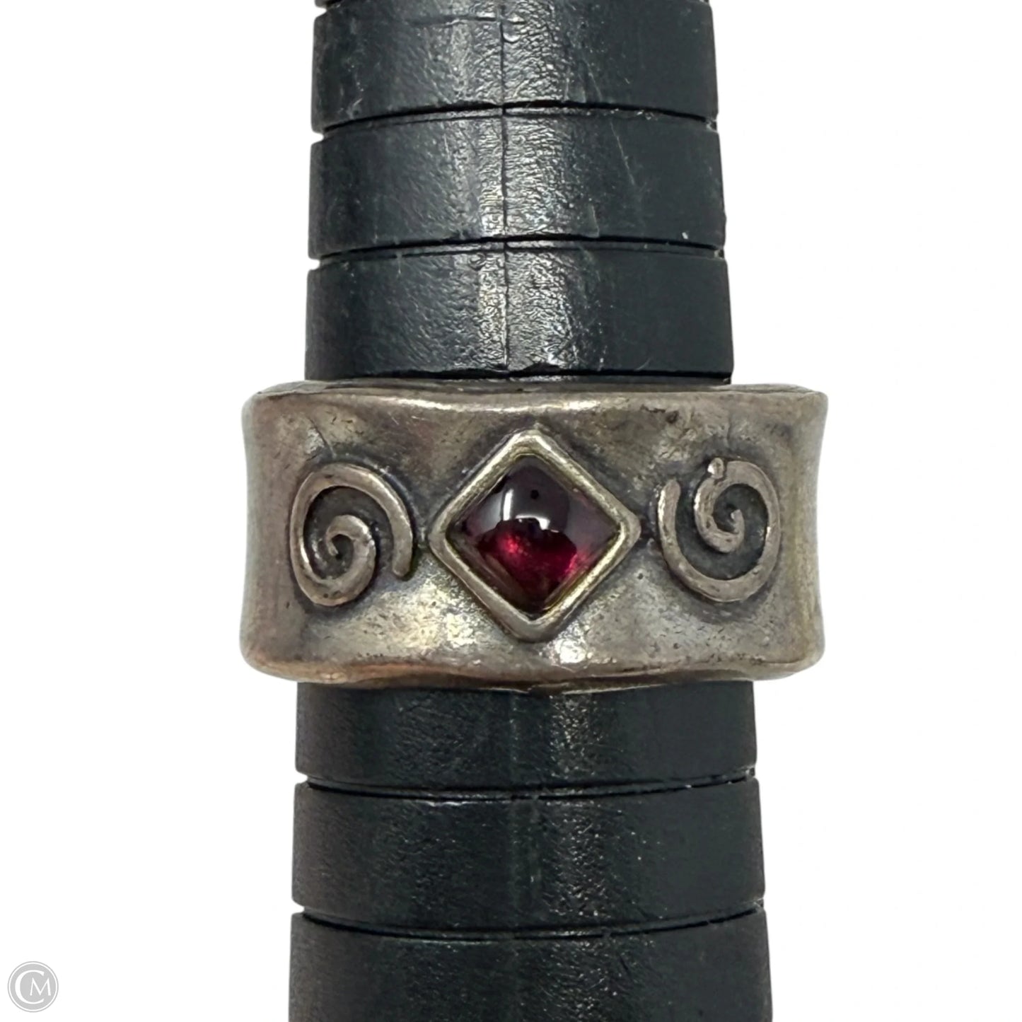Handmade Oxidized Sterling Silver & Garnet Wide Cigar Band Ring By Didae, Size: 8